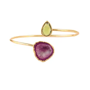 Luxury style natural purple geode druzy & briolette cut peridot quartz bracelet gold/silver plated high quality bangle bracelet