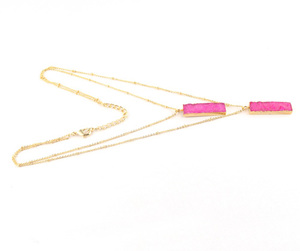 Collar con colgante druzy de azúcar rosa con forma de barra, collar llamativo de cadena de doble capa chapado en oro de latón, regalo perfecto para mujer - Product Image 4