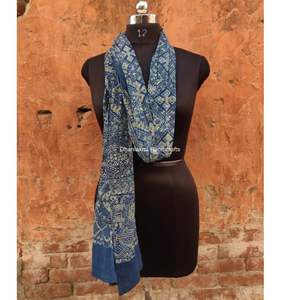 Venta al por mayor mano bloque estampado Ajrakh tinte Natural índigo suave algodón Dupatta bufanda verano hecho a mano Pareo ropa de playa 100% algodón - Product Image 5