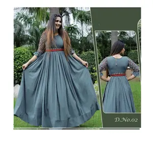 most beautiful urban line imported fabric long gown with fancy embroidery work sleeve with beautiful belt and low price