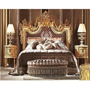Lit King Size en bois de teck Maharaja avec chevets, finition dorée, dossier haut, meubles de chambre à coucher - Product Image 1