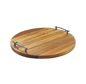 Bandeja de madera redonda personalizada, de buena calidad, con asas de Metal, venta al por mayor - Product Image 1