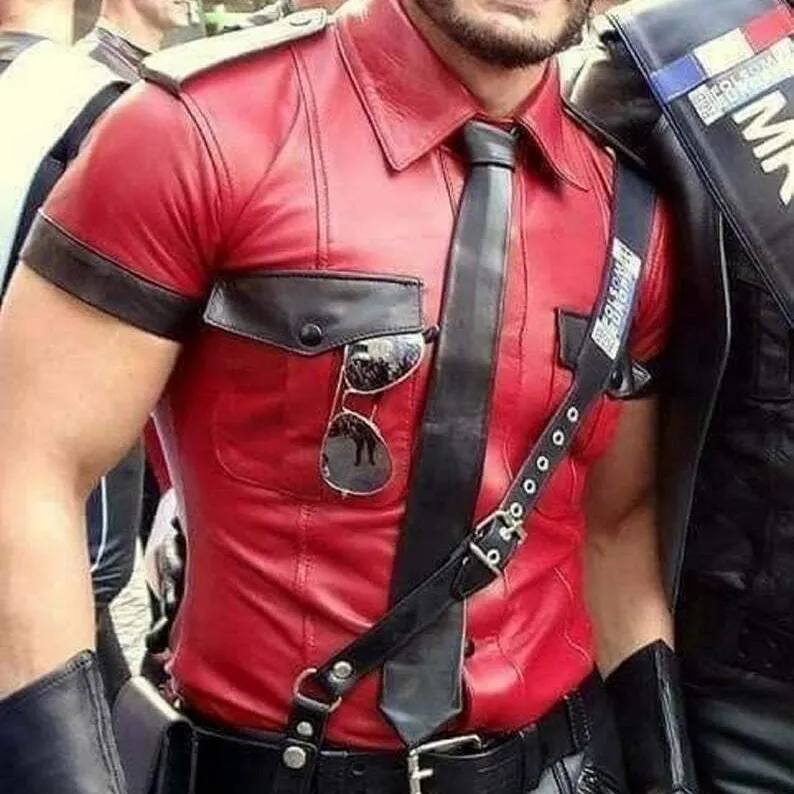 Men Hot SEXY Genuine Real Black RED Sheepskin Leather Shirt Gay Men's Black Genuine Leather Full Sleeve Shirt
