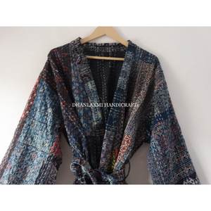 Vestido largo de algodón con parche Ajrakh para mujer, ropa de dormir acolchada hecha a mano, estilo Kimono, albornoz, color azul Indigo, venta al por mayor - Product Image 2