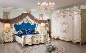 Роскошный турецкий королевский комплект для спальни, античная цельная древесина с золотым листом, двуспальная и двуспальная кровать с шкафом