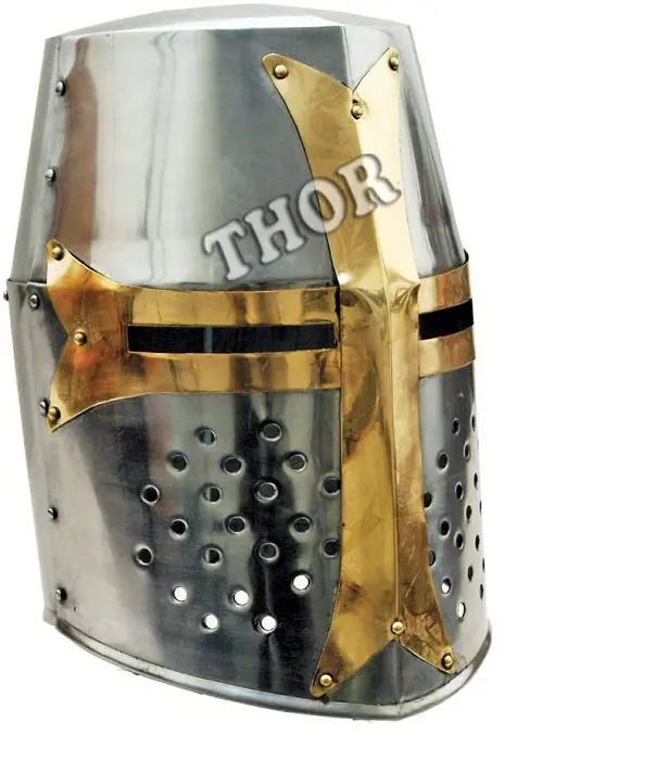 Medieval Knight Templar Armor Helmet Brass Cross Unique Design Steel Silver Finish Beautiful Armor Helmet Item