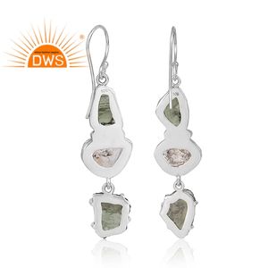 Plata de ley oxidada, Diamante Herkimer Natural y piedras preciosas de moldavita en bruto, Pendientes colgantes, fabricante de joyas - Product Image 4