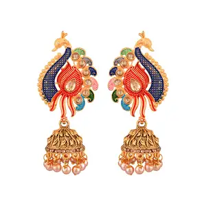 Hint mücevherleri üreticileri altın kaplama kristal takı Peacock Dangle Jhumka damla küpe seti takı toptan