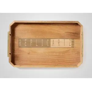Bandeja de Servir Art Deco de Madera Natural Maximus International con Asas de Metal Dorado |   Bandeja Rectangular para Desayuno, Decoración para Mesa de Centro - Product Image 1