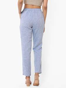 Bleu clair 100% lin pantalons de yoga pour femmes décontracté coupe régulière taille moyenne fermeture à cordon XL couleur unie vêtements de sport durables - Product Image 3