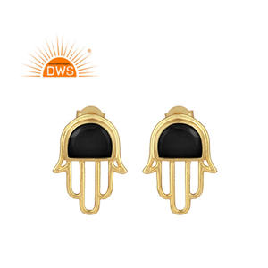 Natural Black Onyx Gemstone Earring Hamsa Hand Designer Stud Earring Gold Plated Silver Earrings Manufacturer - Product Image 1