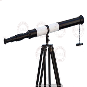 Télescope à baril unique en cuir noir antique et blanc de 39 "avec trépied réglable de 60 pouces Harbor Master Spyglass - Product Image 1