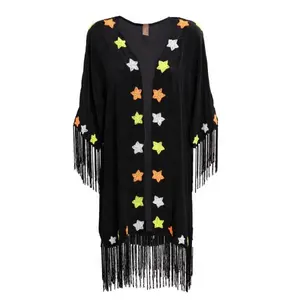 Newly European Trend Style Striking Stars Embroidery Sexy Beach Cover Up Kimono Dress Hot Fringed Hem Trendy Women Kaftan Tunic