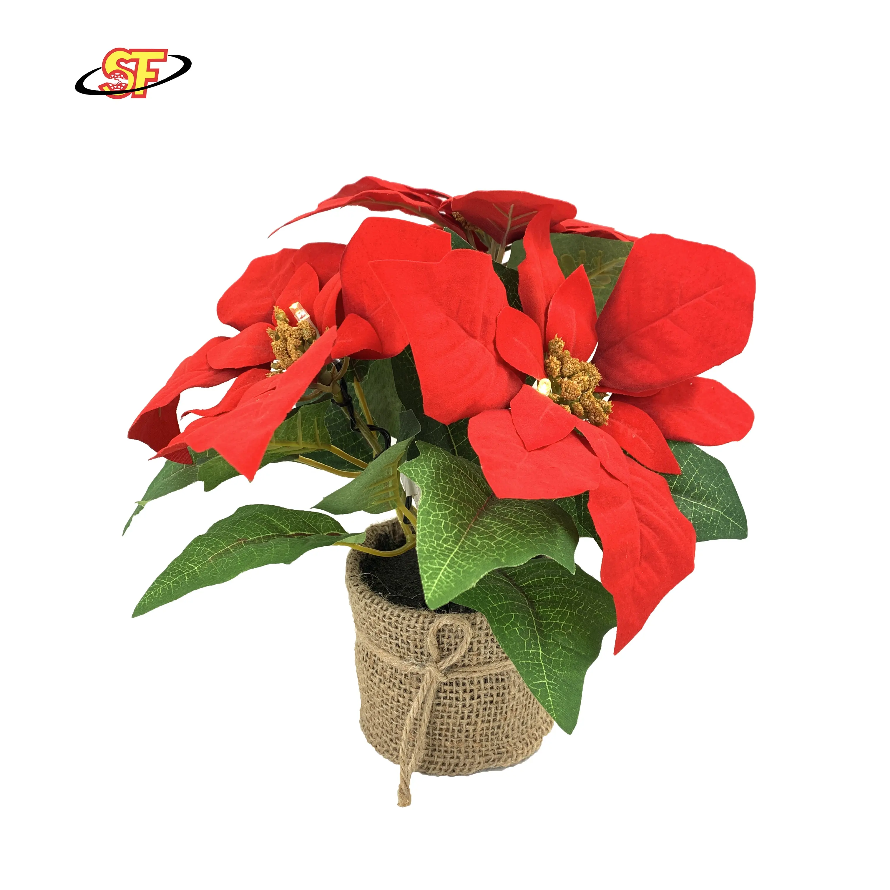 real looking polyester red ivory led flowers poinsettia desk in burlap wrapped tabletop vase entry way boutique giftshop