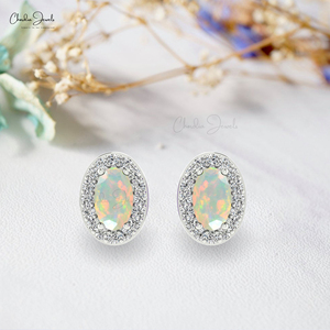 Pierre de naissance d'octobre Clous d'opale éthiopienne de 0.32 ct avec pavé de diamants Boucles d'oreilles en or pur 14 carats faites à la main avec pierres précieuses ovales - Product Image 2