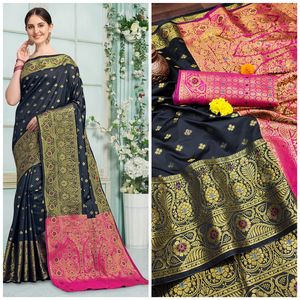 Trandy-Saree de seda tradicional de Lichi puro, tejido y contraste a juego con hermoso oro, Zari - Product Image 6