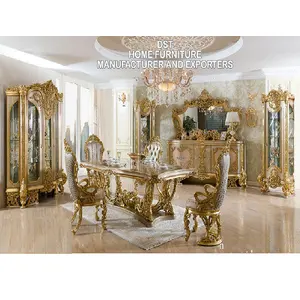 皇家风格金属金色抛光餐桌套装精致餐厅家具套装传统金色雕刻餐桌