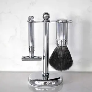 Traditional Chrome Plated Men Shaving Set - Closed Comb Safety Razor, Silvertip Shaving Brush and Safety Razor Stand