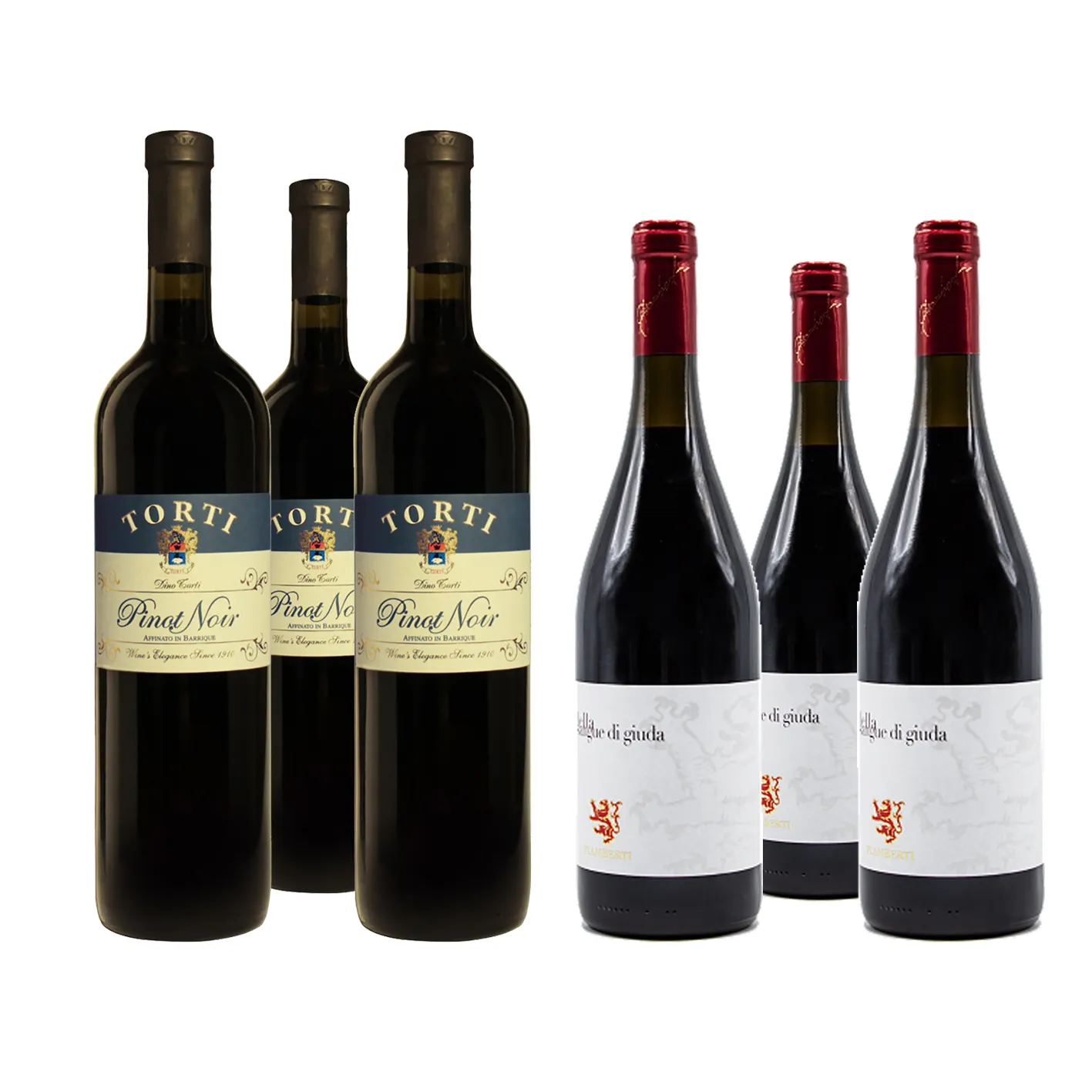 레드 와인 상자 "3 Pinot Noir Barrique 및 3 Sangue di Giuda - 750 ml 병 이탈리아 와인 알코올 음료