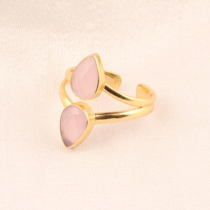 Luxe élégant Double facettes poire rose calcédoine plaqué or Double couche doigt ouvert anneaux réglables bijoux en diamant - Product Image 3