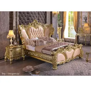 רויאל מגולף ספה מיטה עם שרפרפי צד קלאסי סגנון עור מיטת יוקרה חדר שינה ריהוט ספק