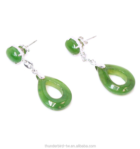 Boucles d'oreilles pendantes vintage THUNDERBIRD pour femme, en jade néphrite vert naturel véritable, plaqué rhodium, avec cabochon - Product Image 3