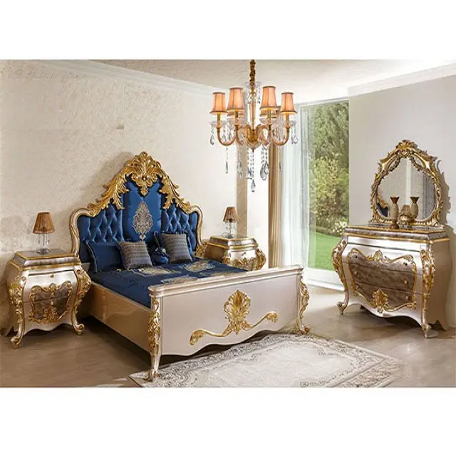 Italian Luxury Style Baroque Bedroom Furniture Antique Royal Blue & Gold Finish Bedroom Set Amazing Gold Royal Wooden Bedroom