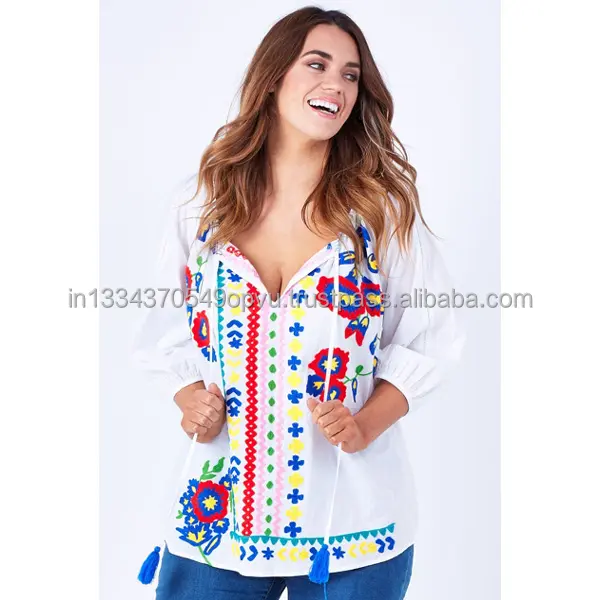 2019 Spring Organic Cotton Multicolor Embroidered Latest Women's Top Online Summer Casual Tassel Tie Neck Pretty Lady Blouse