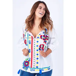 2019 Spring Organic Cotton Multicolor Embroidered Latest Women's Top Online Summer Casual Tassel Tie Neck Pretty Lady Blouse