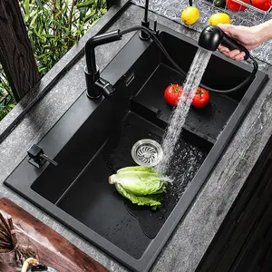 Luxo escada passo fregaderos de cocina quartzo pedra preta única cozinha pia