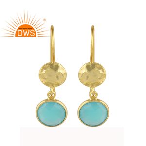 <b>Solid</b> 925 Sterling <b>Silver</b> Gold Plated Drop Earring Manufacturer Handmade Jewelry Blue Aqua Chalcedony Gemstone Dangle Earrings - Product Image 1