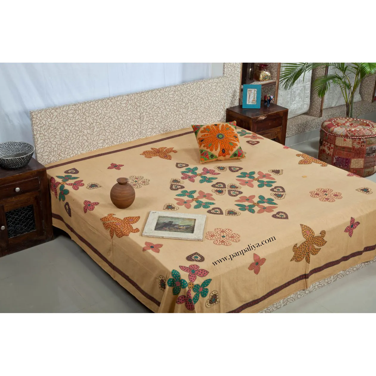Apliques de mano étnica calado colcha cama de algodón indio Cubierta Ropa De Cama De Tamaño Doble 