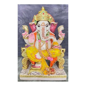 Escultura de mármol sentado para adoración, Lord Ganesh colorido - Product Image 1