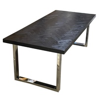 Table à manger rectangulaire en bois massif de style industriel moderne, motif en chevrons, pieds en acier inoxydable, pliable, pour restaurant en plein air