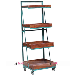 Présentoir à vin moderne en bois et fer sur roulettes, vitrine mobile polyvalente, mobilier de magasin de mode pour centre commercial, ferme, hôtel - Product Image 3