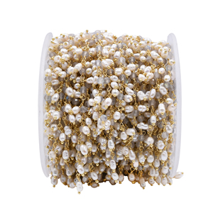 Pearl & Labradorite Faceted Rondelle Rosary Chain 3–4mm Brass 18K Gold Plated <b>Wire</b> Wrapped Gemstone Chain Sold by Foot - Product Image 1