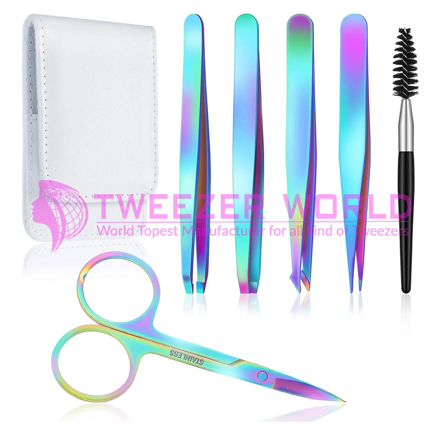 6 Pieces Eyebrow Tweezers Set with Curved Scissors, Eyelash Brush Stainless Steel Brow Remover Tools(Rainbow Color)