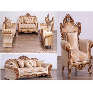 Juego de Sofás Victorianos Tapizados en Madera Maciza, Elegante Juego de Muebles de Sala de Estar Tallados, Juego de Sofás de Madera de Teca Premium para Sala de Estar - Product Image 1