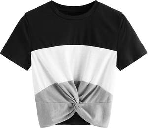 Haut court décontracté pour femme, uni, col rond, manches courtes, respirant, en Spandex/Polyester, séchage rapide, anti-boulochage, vêtement d'extérieur pour l'automne, vente en gros - Product Image 3