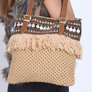 Handicraft Casual Vintage Style Jute Tote <b>Bag</b> Embroidery New Indian Traditional Crochet Design Cotton Lining Zipper Closure Two - Product Image 1