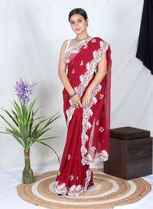 <b>Beautiful</b> Black Georgette Viscose Thread Work Partywear Saree for Wedding and Party for Women - Product Image 6