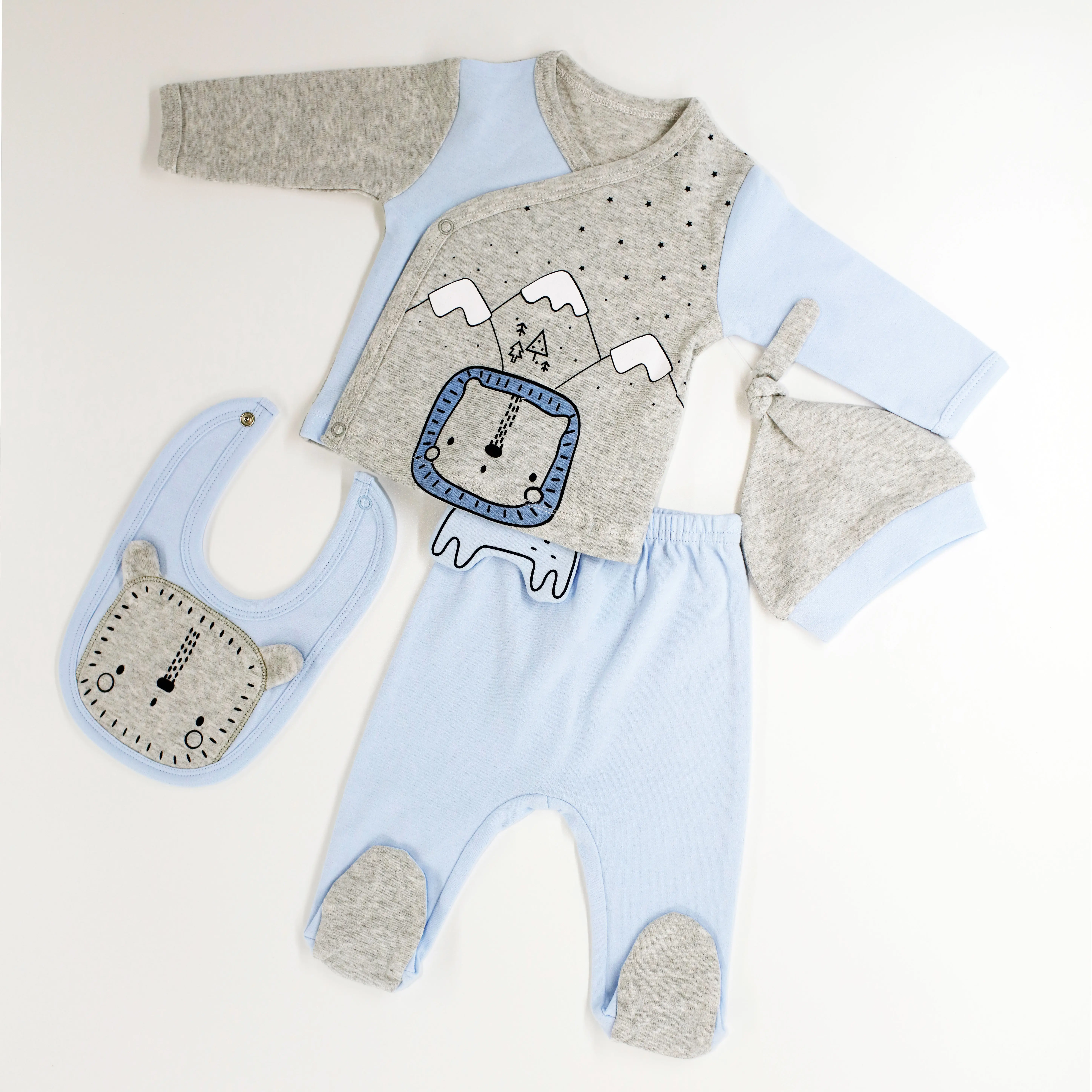Buena calidad lindo interlock 100% algodón toda la temporada ropa de bebé fabricación 4 piezas conjunto de ropa de bebé