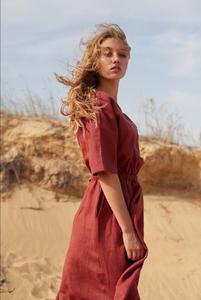 Maroon Linen A-Line Midi <b>Dress</b> O-Neck Short Sleeve <b>Elastic</b> Waist Regular Fit Formal Summer Woven Solid Color Breathable Cotton - Product Image 5