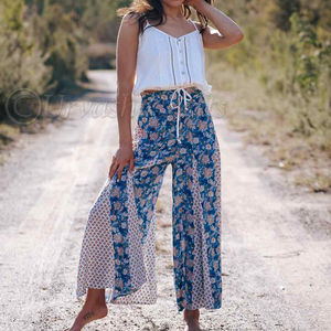 กางเกงลำลองสตรีลายดอกไม้,กางเกงพลาซโซพิมพ์ลายดอกไม้ขากว้างสวมใส่สบายทรงหลวมสำหรับรีสอร์ท - Product Image 1