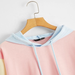 Pullover Drop Shoulder Color Block Cordón Sudadera con capucha Patrón a cuadros Fleece para invierno Liso teñido - Product Image 3