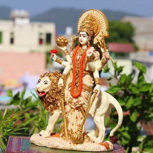 Statue de Durga Maa en résine de marbre et poussière de marbre, avec lion debout, artisanat Nirmala, idole de la déesse indienne Durga Maa - Product Image 4
