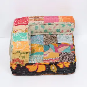 Indian Boho Vintage Kantha Gestikt Patchwork Katoen Gevuld Poef Omkeerbare Floor Kussen Vloer Poef Sofa Set