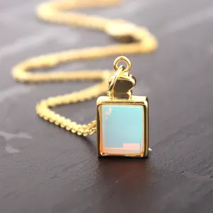 Aurora opal rectangle shape pendant brass gold plated necklace flat gemstone pendant clavicle chain pendant necklace