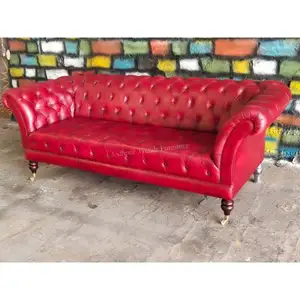 Noble indische Wohn möbel Vintage Style 3-Sitzer Couch Wohnzimmer rotes Leder Chesterfield Sofa mit Rädern