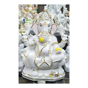 Estatua de Ganesha Sentado en Mármol Blanco, Estatua Religiosa de Ganesha Hecha a Mano y Pulida, Escultura de Dios Indio en Piedra de Mármol Religiosa - Product Image 1
